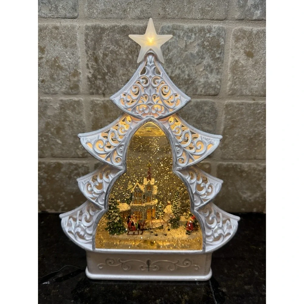 Christmas Tree Water Filled Snow Globe LED Light Up Victorian Home Scene NEW